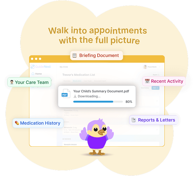 GuideNest dashboard with summary document, care team, and medication highlights