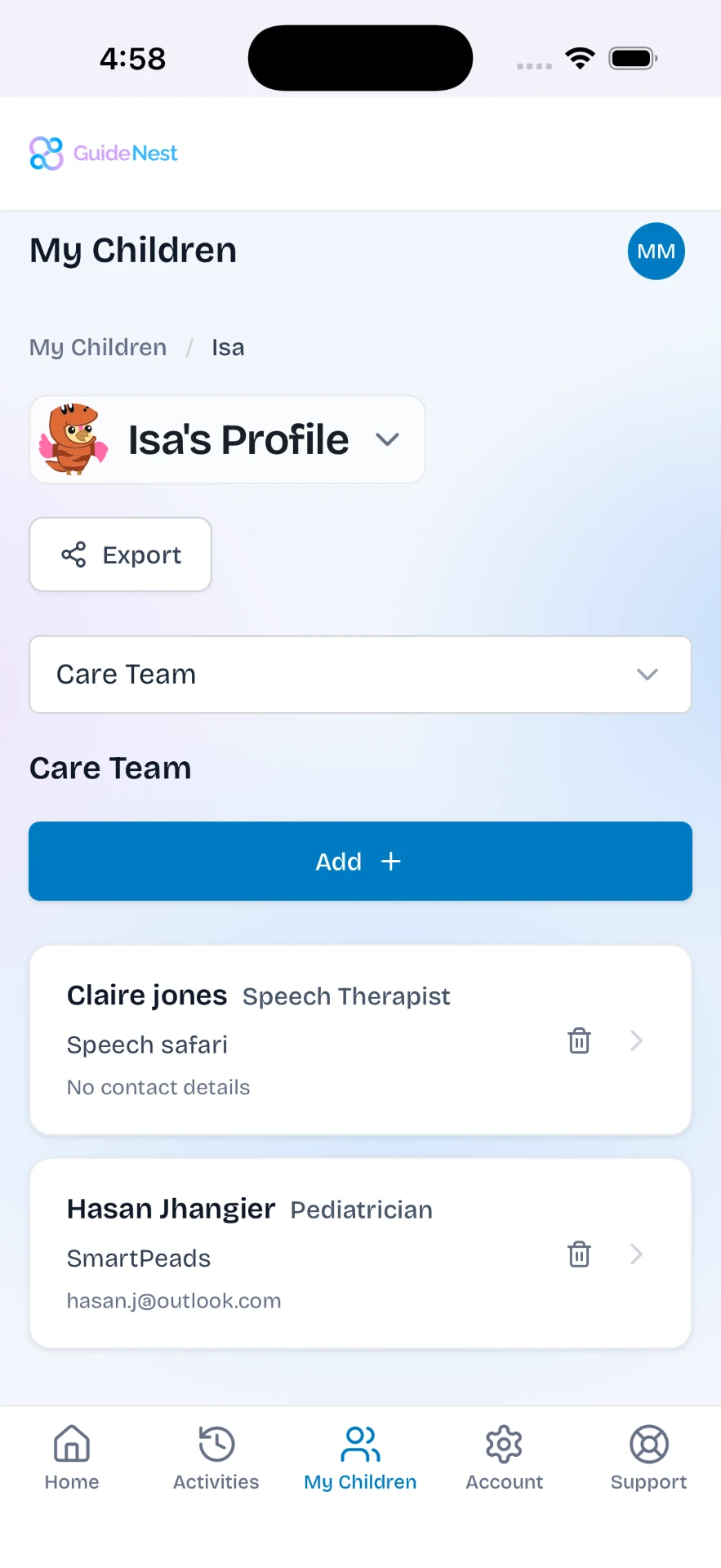 GuideNest care team — speech therapist and paediatrician saved against a child's profile