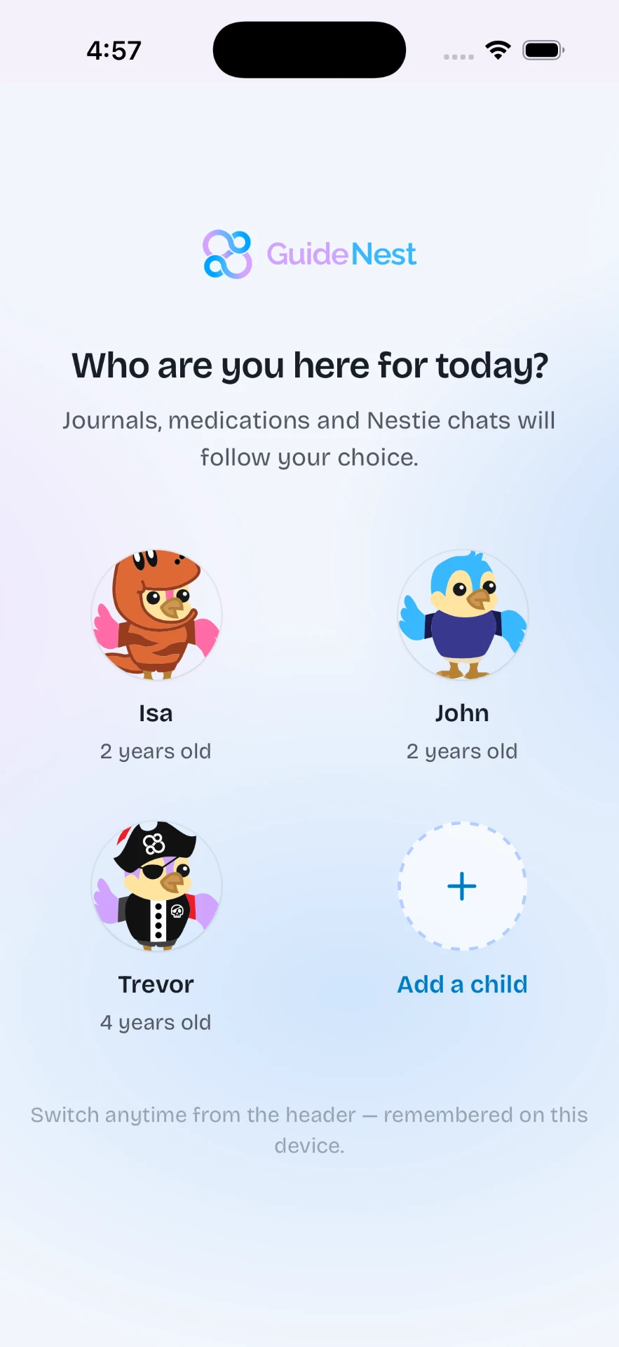 GuideNest child switcher — choose which child today's journals, medications and chats belong to
