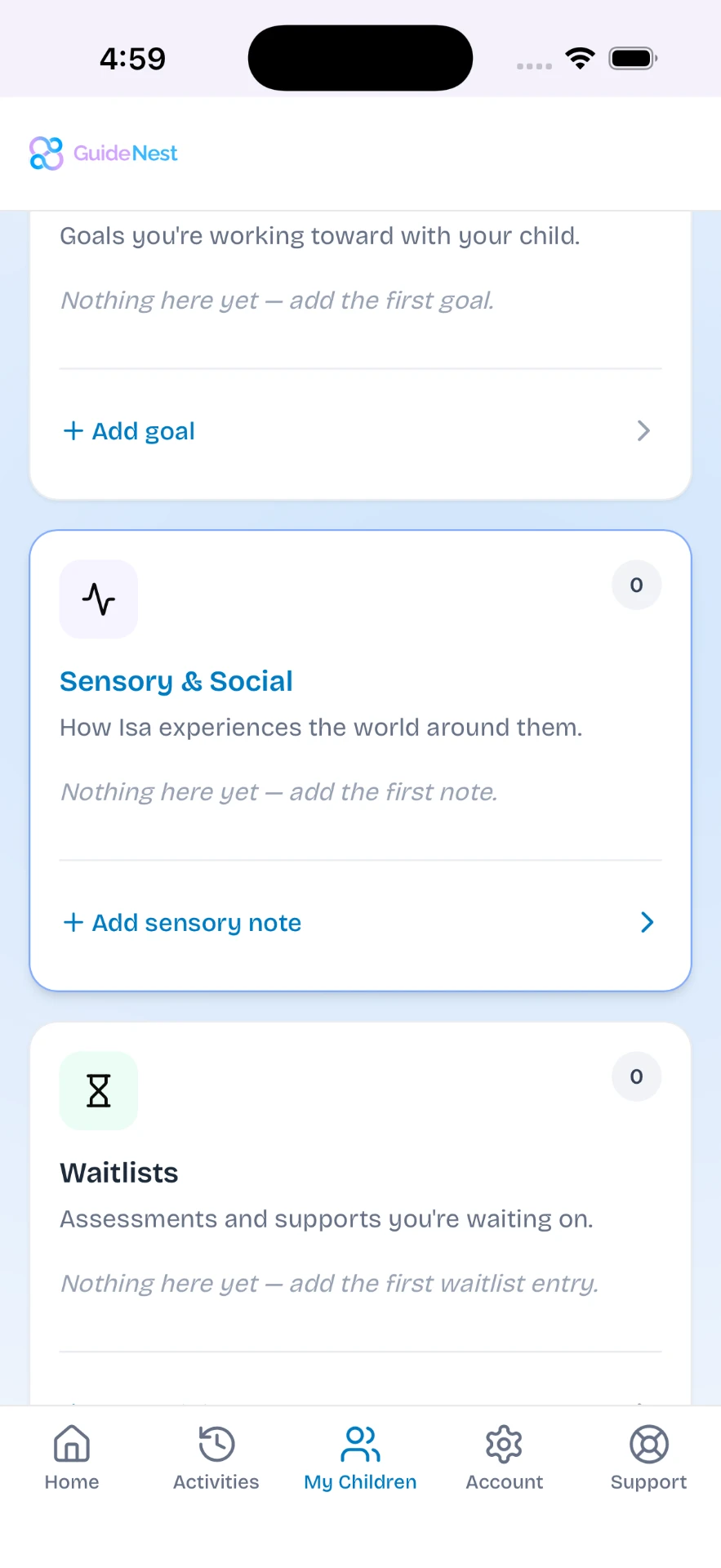 GuideNest goals, sensory notes and waitlist tracking